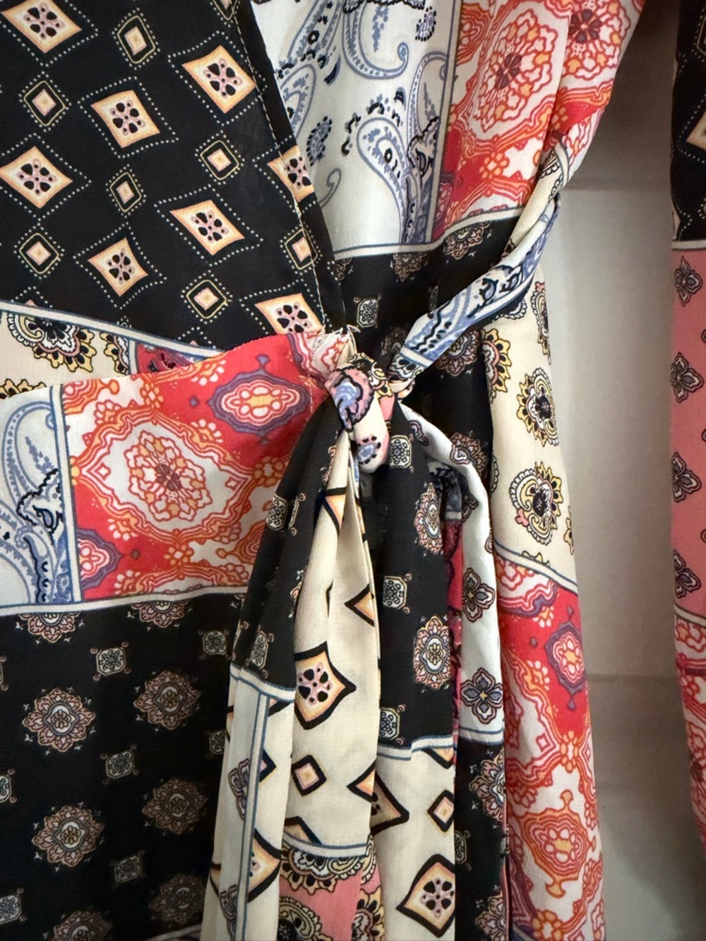 Skies Are Blue Patchwork Wrap Maxi Dress in Coral, Black & Cream - Picture 4 of 9